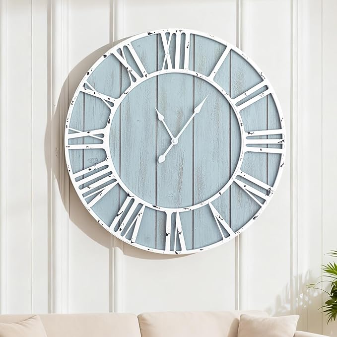 Quelay 20 Inch Coastal Wall Clock, Quiet Ticking Battery Operated, Rustic Retro