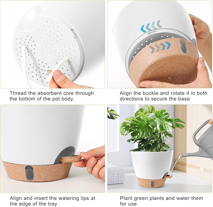 Self Watering Pots for Indoor Plants 12/10/9/8 Inch Large Plastic Self Watering Flower Pots Indoor Outdoor with Drainage Holes, Deep Reservoir,Nursery Planting Pot for Indoor Outdoor Plants White
