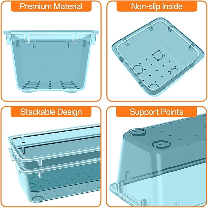 WOWBOX 24 PCS Plastic Drawer Organizer Set, 4 Sizes Desk Drawer Organization and Storage Containers for Makeup, Cosmetics, Jewelry and Gadgets in Kitchen, Bathroom, Bedroom, Office, Clear Sea Blue