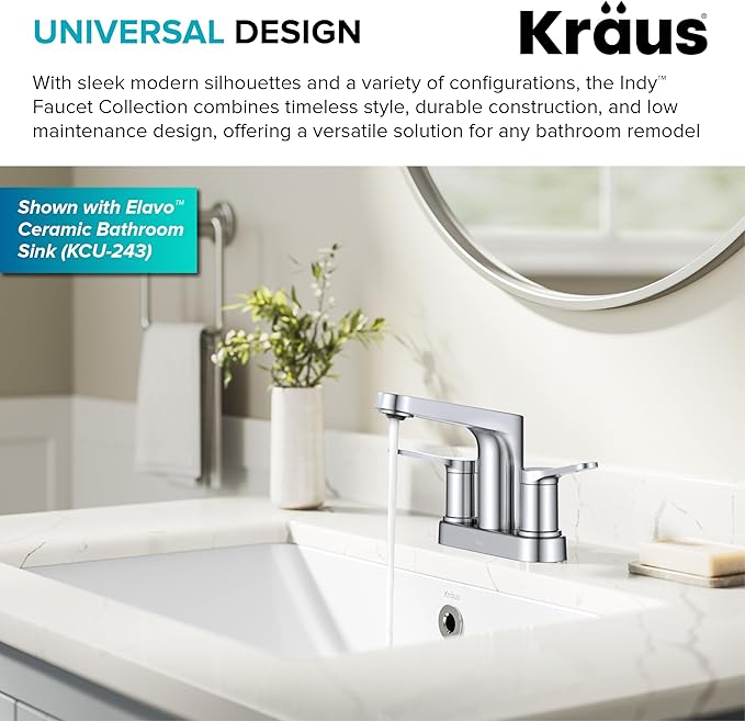 KRAUS Indy Centerset Bathroom Faucet in Chrome with 2 Handles, Pop Up Drain and Supply Lines, FUS14102CH