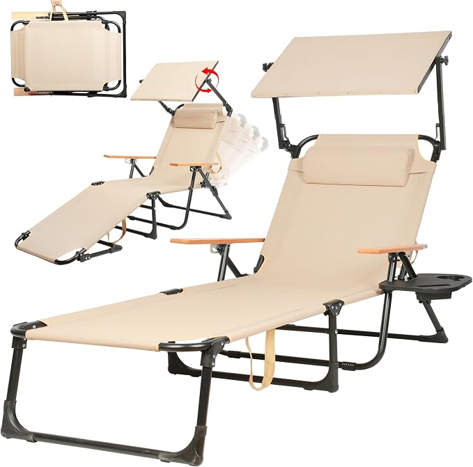 Outdoor Chaise Lounge Chair with 4-Position Adjustable Backrest,Patio Folding Sun Tanning Chair,Pillow & Cup Holder,Portable Recliner Sunbathing Lounger Chairs for Beach Garden (Beige with Shade)