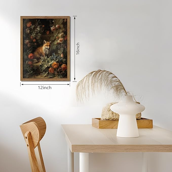 Framed Dark Academia Fox Canvas Wall Art, Sitting Fox Surrounded by Flowers