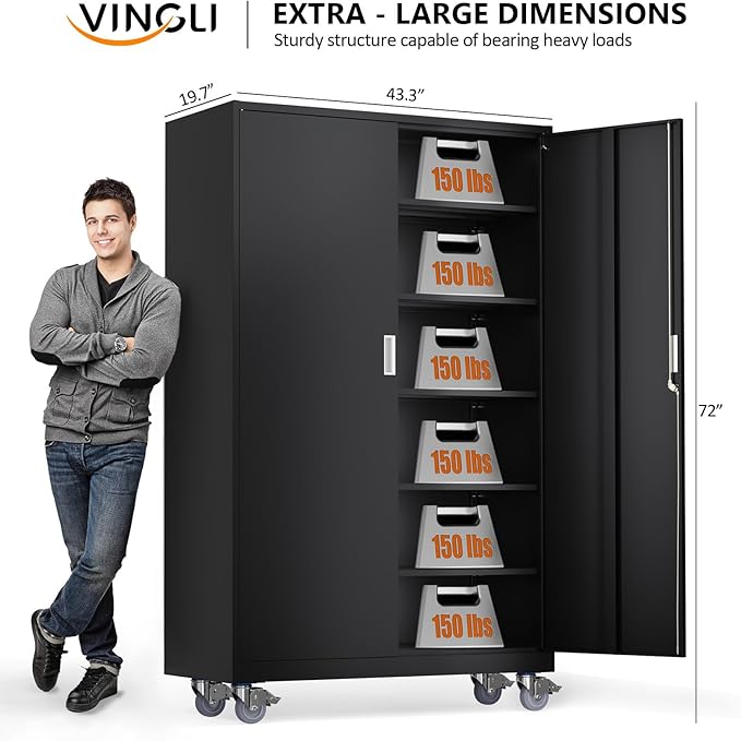 VINGLI Large Metal Storage Cabinet with 2 Doors and 5 Adjustable Shelves, Upgraded Height & Wide & Deep, 43''W x 20''D x 72''H, Oversized Garage Storage Cabinet with Wheels and Locks (Black)