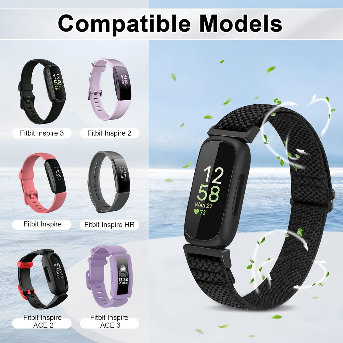 Vodtian 4-Pack Elastic Nylon Loop Bands for Fitbit Inspire 3 | Adjustable Sport Straps for Men & Women