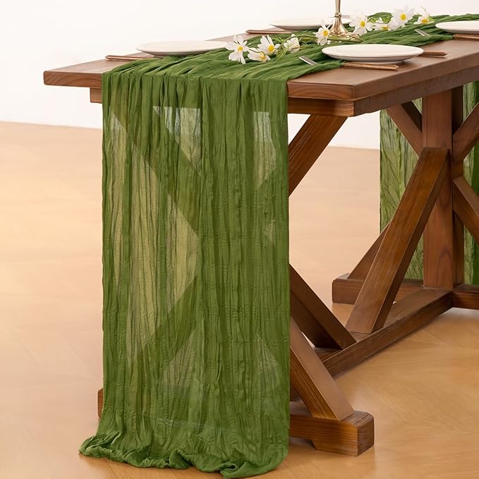 Socomi 10pcs Moss Green Fall Thanksgiving Cheesecloth Table Runner Boho Rustic Gauze 120 inch 10FT Cheese Cloth Runner for Wedding Party Baby Shower Birthday Home Decor Holiday Decorations