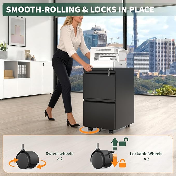 2 Drawer File Cabinet with Lock,Under Desk Rolling Small Filing Cabinet for Home Office Storage, Mobile Steel Cabinets with Wheels, Fully Assembled, Black