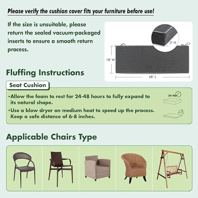 MIULEE Dark Grey Outdoor Bench Cushion Set of 1, 48x18x3 Inch Waterproof Patio Seat Cushions for Swing and Outdoor Furniture Couch Sofa, 3 Year Color Fastness High Density Foam with Adjustable Ties