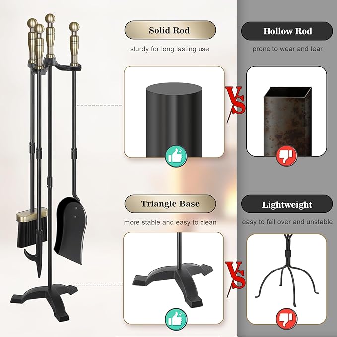 Gtongoko Fireplace Tools Set 4 Pcs 30 Inch Brass Handles Wrought Iron Large Fire Tool Set for Outdoor/Indoor Include Chimney Poker, Antique Shovel, Rustic Brush and Stand Accessories Set