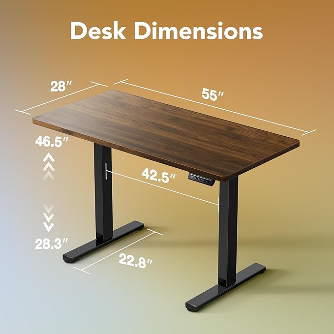 HUANUO 55 x 28 inch Electric Standing Desk Adjustable Height, 4 Memory Height Settings, Sit Stand Up Desk for Home Office & Computer Workstation, Black Walnut