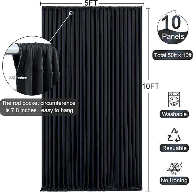 10 Panels Black Backdrop Curtain for Parties Wrinkle Free Black Photo Curtains Backdrop Drapes Fabric Decoration for Birthday Party Wedding 50ft(W) x 10ft(H)