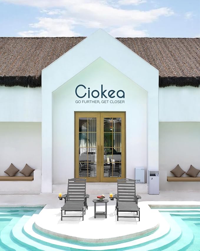 Ciokea Outdoor Chaise Lounge Chair Set of 2, Patio Lounge Chairs for Outside, HDPE Lounge Chairs with Wheels & Cup Holder, Poly Lounge Chair with 5 Position for Poolside, Deck, Dark Grey