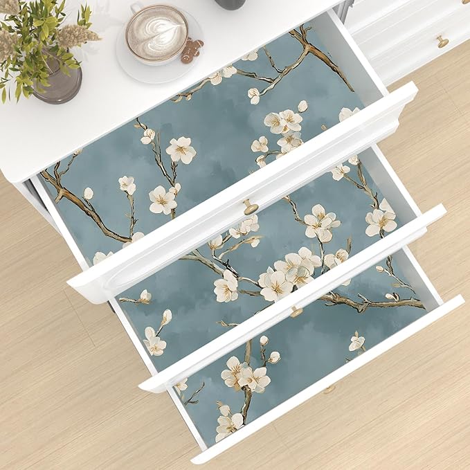 Blue Floral Wallpaper Peel and Stick Vintage White Flowers Contact Paper Vinyl