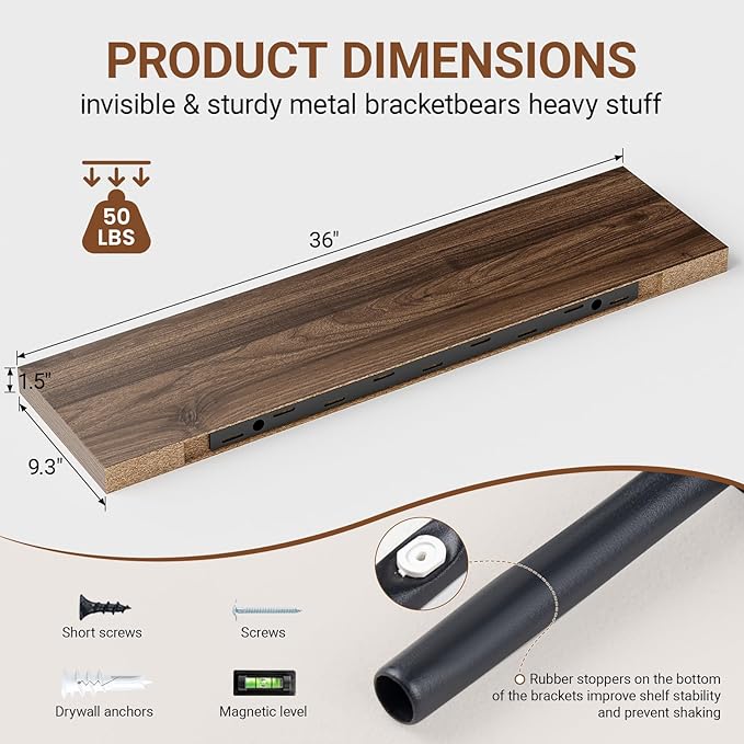 Heimlove Floating Shelves for Wall 36 Inches Long, 9.3" Deep Walnut Floating
