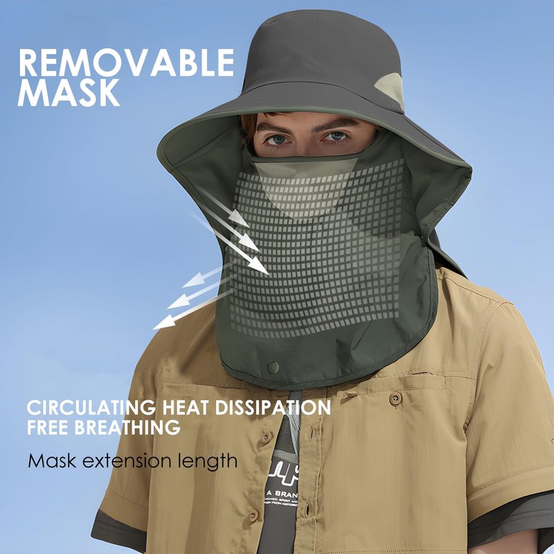 Outdoor Sun Hat Detachable Neck Face Flap UPF 50+UV Protection Visor Fishing Hats with Neck Flap for Men & Women Dark Grey