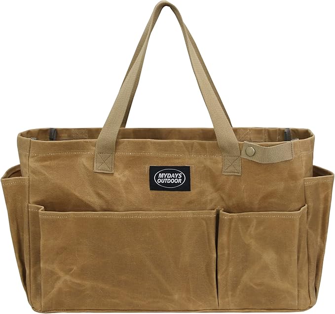 Portable Garden Camping Tool Storage Bag,Waxed Canvas Firewood Carrier Tote bag,Collapsible Sturdy Garden Basket Great for Women, Gardener, Electrician, Repairer (Khaki)