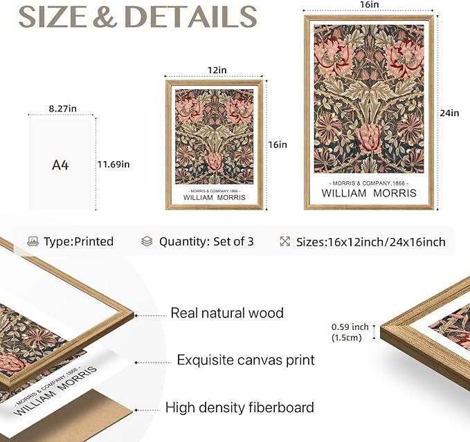 Cyebmo Wood Framed William Morris Wall Art Set of 3, Rustic Farmhouse Floral Wall Decor, Retro Flower Plants Aesthetic Picture, Vintage Botanical Art Prints for Living Room Bedroom Bathroom 12"x16"x3