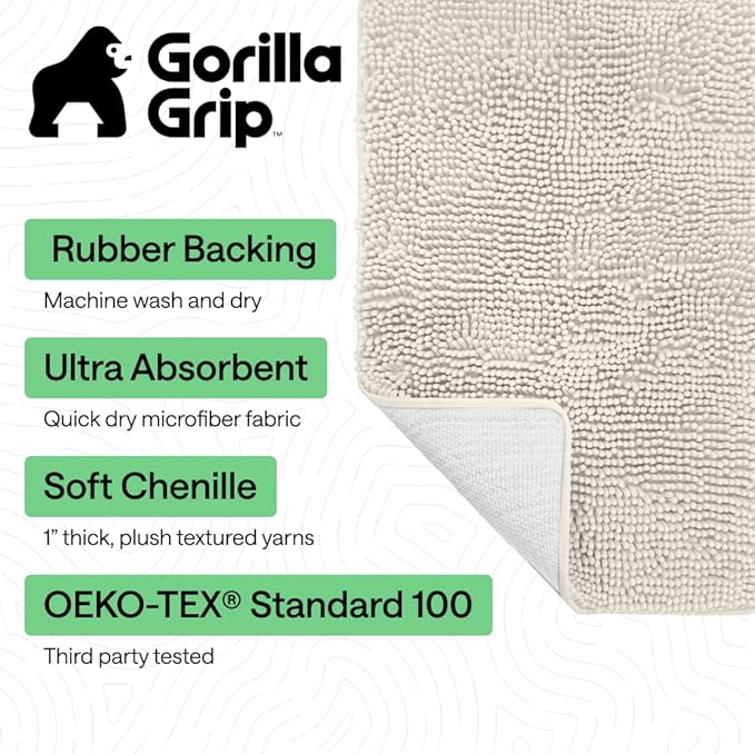 GORILLA GRIP Bath Rug Mat 36x24, Soft Absorbent Chenille, Quick Dry Microfiber Mats, Rubber Backing Washable Shower Floor Rugs, Bathmat Runner, US Designed Bathroom Home Decor Accessories Ivory Cream