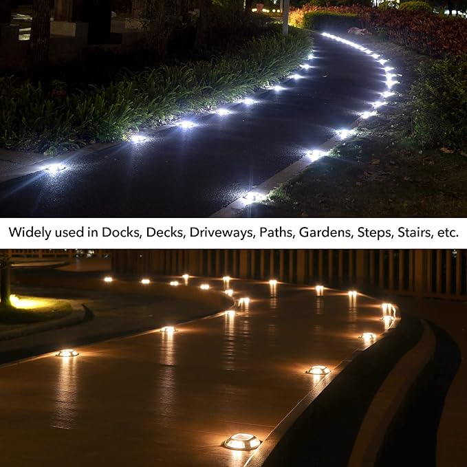 AGPTEK Solar Driveway Lights Outdoor 12 Pack, 2 Color Modes LED Deck Dock Marine Waterproof Driveway Marker Lights for Step Sidewalk Stair Garden Pathway Walkway Yard (Warm White/Cool White)