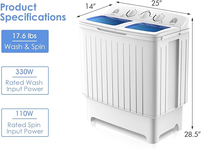 LDAILY Portable Washing Machine, 20lbs Compact Twin Tub Washer and Spinner with Drain Pump and Deep Cleaning, Mini Laundry Washing Spinning Combo for Apartment, RV, Dorm, Camping (White & Blue)