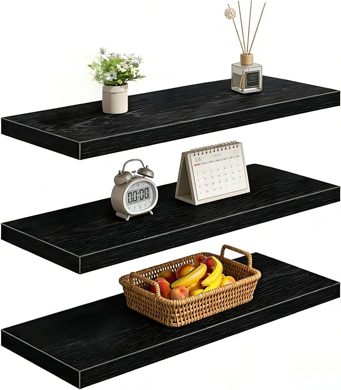 Vervida® Black Floating Shelves, 47.2 in W x 9.3 in D Wall Mounted Wood Shelves