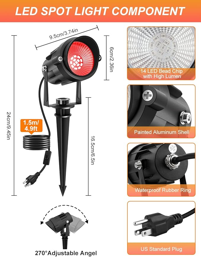 Halloween Red Landscape Lights Outdoor, 14 LED Landscape Lighting with US Plug, IP65 Waterproof Spotlights for Tree Yard Garden Pathway Christmas Decor 4 Pack