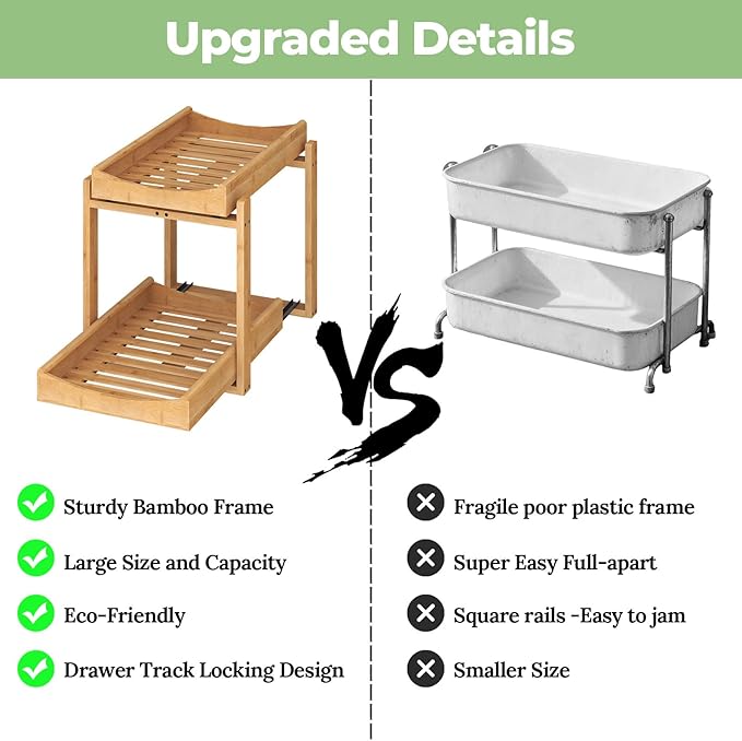 Bamboo Under Sink Organizer and Storage, 1 Pack Pull Out Cabinet Organization, 2 Tier Vertical Slide Out Undersink Storage Shelf, Multi-Purpose Organizer Shelves for Kitchen Bathroom Medicine