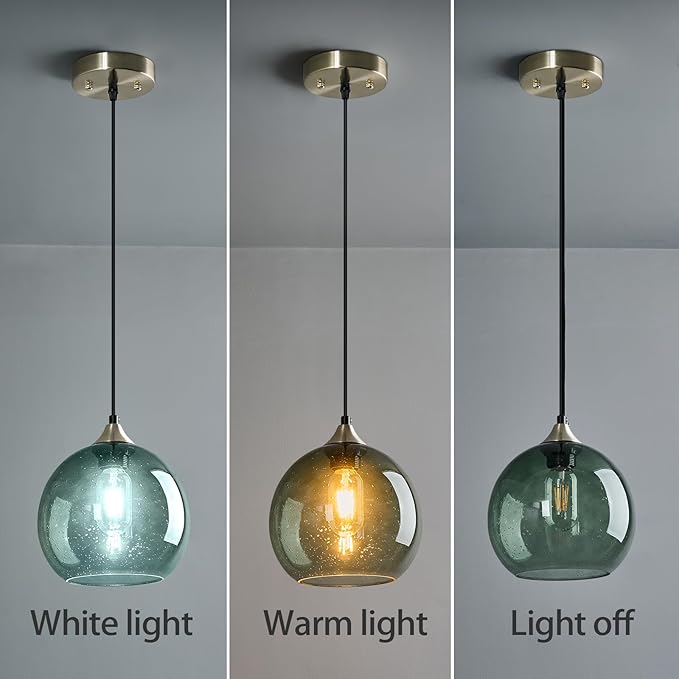Gray Green Glass Pendant Lights Kitchen Island Lighting Globe Pendant Light Fixtures Modern Pendant Lighting for Kitchen Island Bedroom Living Dining Room Light Fixture(7.87in, 3-Pack)
