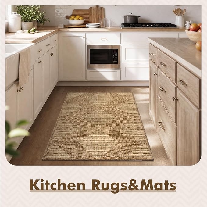MontVoo-2x3 Outdoor Rug Porch Entryway Rug-Polypropylene Door Mat Indoor Outdoor Entrance Entry Rugs Kitchen Rugs, Textured Weave, Durable, Fade-Resistant, Non-Shedding, Boho Geometric Neutral Brown
