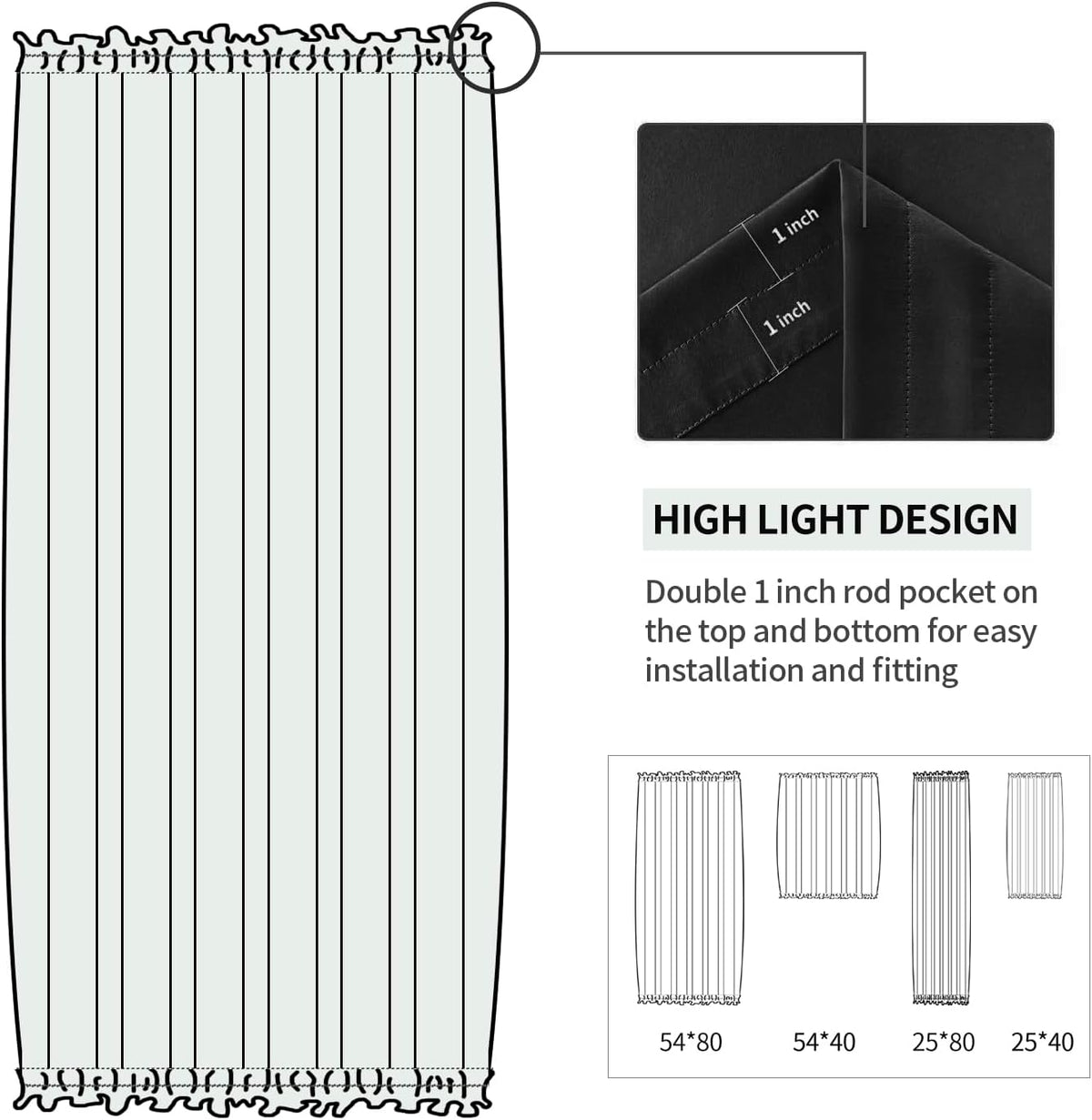 DWCN French Door Curtains – Rod Pocket Thermal Blackout Curtain for Doors with Glass Window, Kitchen and Patio Doors for Privacy, 25 X 80 Inches Long, 1 Curtain Panel with Tieback, Black