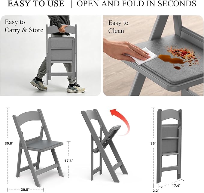 Nazhura Garden and Patio Folding Chair Set of 4 for Events and Wedding, Lightweight with Padded Seat, Water-Proof, Double Braced Frame, Non-Slip Feet, 900LB Capacity (Grey)
