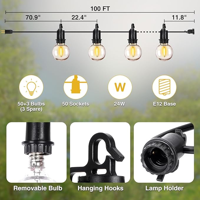 ZJOJO 100FT Outdoor String Lights, G40 Globe Outdoor Lights with 50 Shatterproof LED Bulbs (3 Spare), IP65 2700K Hanging Waterproof Patio Light String Lights for Outside Backyard Porch Party