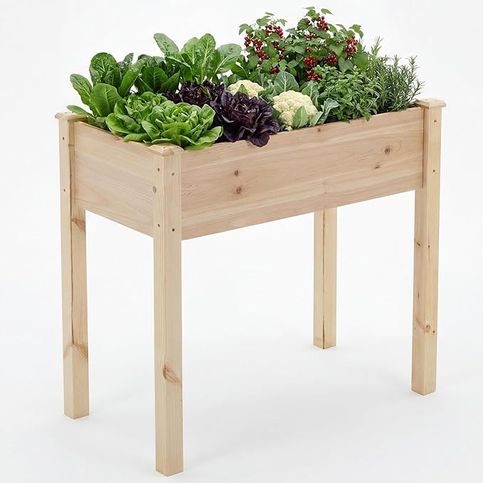 NEWBULIG Raised Garden Bed with Legs 34x18x30in,Elevated Wood Planter Box Stand for Outdoors Garden Balcony Courtyard, Natural Wood 400 Pound Capacity, for Planting Herbs Flowers Vegetables