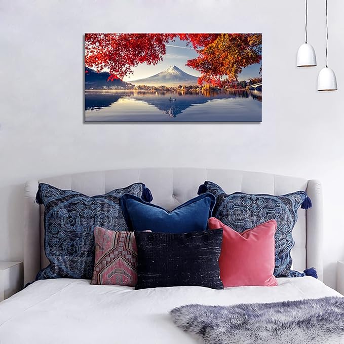 Canvas Prints Mountain Fuji with Morning Fog and red Leaves at Lake Kawaguchiko Nature Picture Wall Art Framed Artwork for Living Room Bedroom Kitchen Home and Office Wall Decor