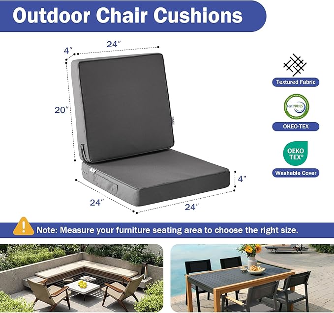 IPYNBAP Outdoor Cushions, Outdoor Chair Cushions 24x24x4 Inch, Cushions for Outdoor Furniture with Removable Cover, Waterproof & Fade Resistant Outdoor Seat Cushions for Patio, Lawn, Dark Grey