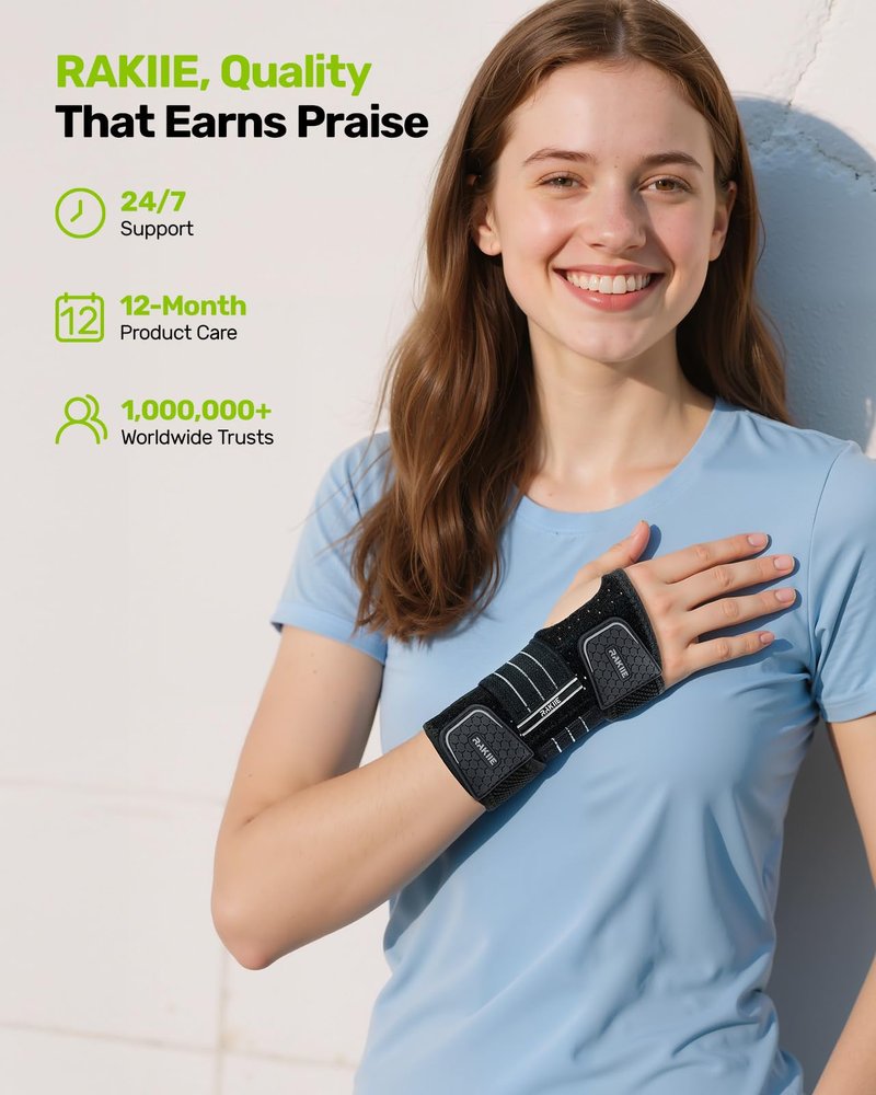 Rakiie Carpal Tunnel Wrist Brace Left Hand, Adjustable Night Wrist Support with 3 Metal Splints, Hand Brace for Men Women No Pressure on Thumb, Splint Stabilizer for Work, Arthritis, Gray Medium