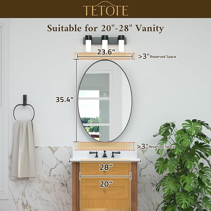 TETOTE Black Oval Bathroom Mirror, 24 x 36 Matte Black Framed Wall Mounted