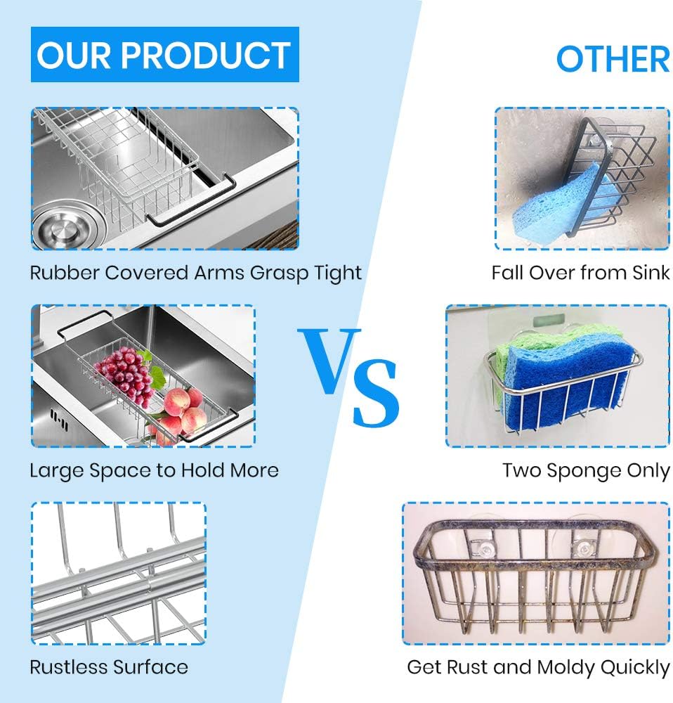 Sink Caddy Sponge Holder Kitchen Sink Organizer Sponge Caddy Expandable 16.06" to 21.02" Farmhouse In-sink Accessories for Rag Detergent Brush Dish Washing Liquid Rack, Stainless Steel