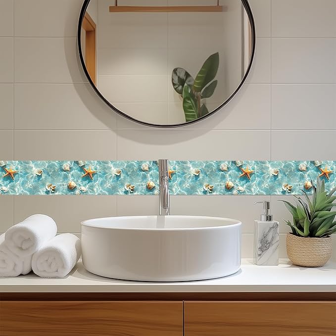 HOMETITUTE Wallpaper Border Peel and Stick Wall Border Coastal Shell Water
