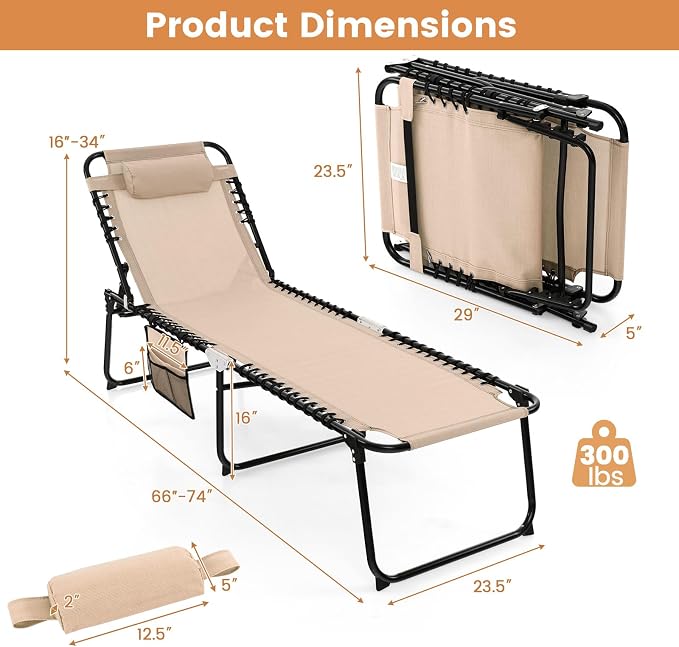 Goplus Chaise Lounge Chair Outdoor, Folding 5-Postion Beach Lounge Chair with Detachable Pillow, Side Pocket, Sunbathing Lounger, Adjustable Tanning Chair for Patio Lawn Pool Yard