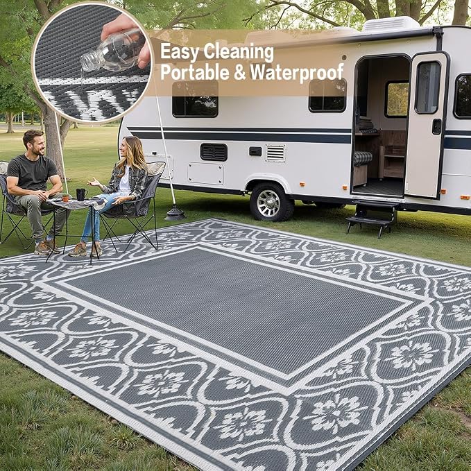 HUGEAR Outdoor Rug 8x10 Patio Waterproof Mat Camping Carpet Outside Area Rug Reversible Grey Rugs for RV Deck Entryance Porch Picnic Balcony Beach