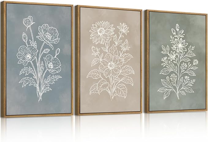 Anyzal Extra Large Boho Botanical Framed Wall Art 24x36 Inch Farmhouse Floral Painting Modern Minimalist Artwork for Living Room Bedroom Dining Room Set of 3