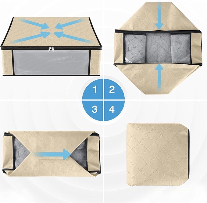 HomeHacks Storage 8-Pack Clothes Organizer Storage Bags Foldable Storage Box with Large Clear Window Sturdy Handles for Closet, Dorm, Pillows, Bedding, Clothes, Blankets, 35L, Beige