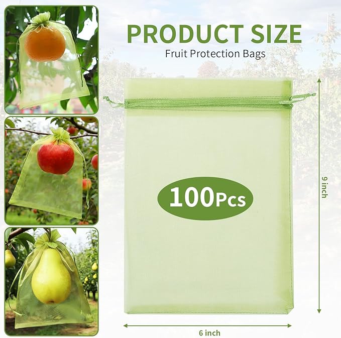 GliSun 100Pcs Fruit Protection Bags 6x9 Inch, Green Mesh Netting Cover with Drawstring Pest Barrier for Grapes Tomato Strawberry Blueberry - Garden Supplies for Vegetables & Fruit Trees