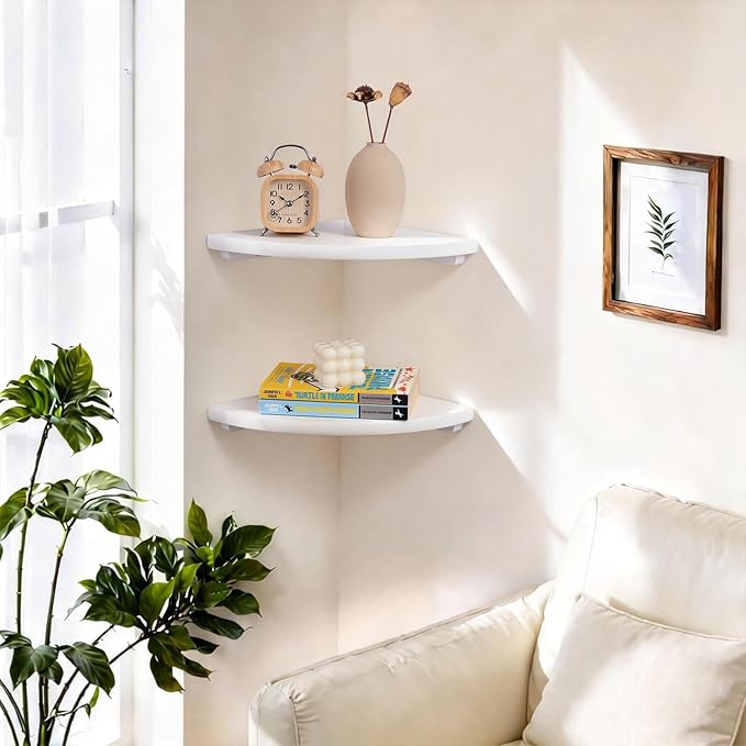 Gieanoo Floating Corner Shelves Set 2 12inch White Solid Oak Rounded Corner