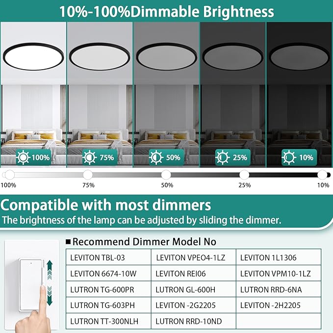 20 Inch Dimmable LED Ceiling Light Fixture, Ultra Thin Flush Mount, 40W 4000Lumen, 3 Color Changeable, Round, Black, for Dining Room, Kitchen, Bedroom, Office, Hotel