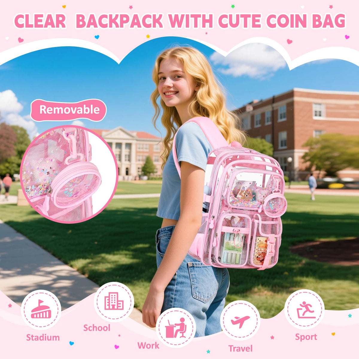 ASKSKY Clear Backpack for Girls School Clear Bookbag Stadium Events Heavy Duty Transparent Back Pack, Pink