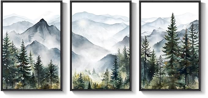 Framed Mountain Landscape Wall Art Bedroom, 3 Piece Nature Foggy Forest Canvas Print Artwork for Walls, Scenic Pine Tree Paintings Pictures Wall Art Decor for Living Room Hallway, 16x24 Inch