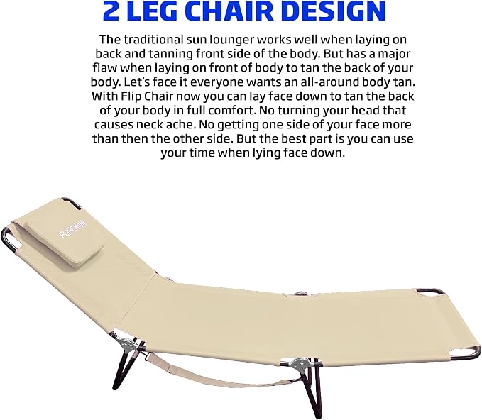 EASYGO PRODUCTS Pool Chair Chaise Lounge 2 Legs Support Polyester Material Reclining Backrest Head Rest Pillow Great for Beach, Home, Backyard, Outdoor, Patio, Pool, Camping, Lawn or Deck Color TAN