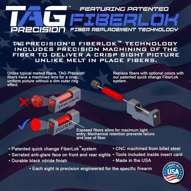 TAG PRECISION Optics Ready Gun Sights Compatible with Glock 10MM/.45 ACP | Durable CNC Machined Steel Nitride Coated Front & Rear Handgun Sights with Easy Customization | Fiber Front, Plain Rear (TSH)