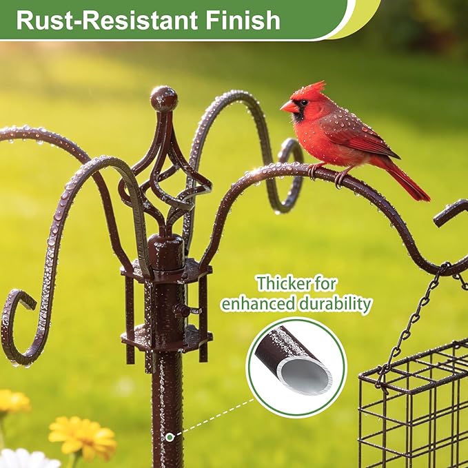 94" Bird Feeding Station Kit with Multiple Hooks, Heavy Duty Metal Bird Feeding Station with Seed Tray & Mesh Basket, Easy Assembly Ground Mounted Bird Feeder Pole for Garden Yard Outdoor